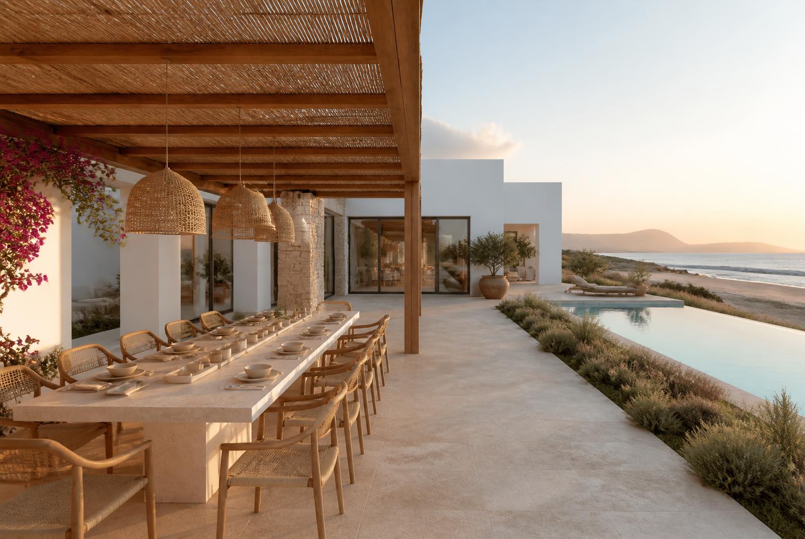 Pergola dining terrace at sunset
