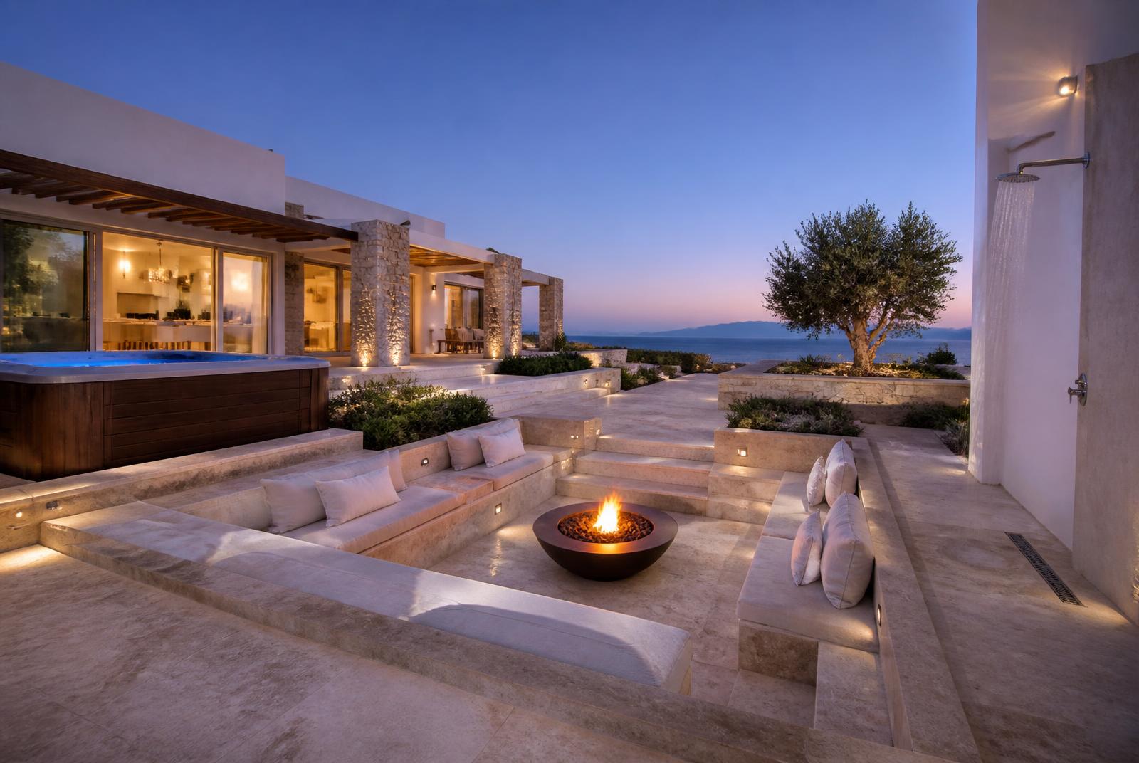 Sunken fire lounge and cedar hot tub at dusk