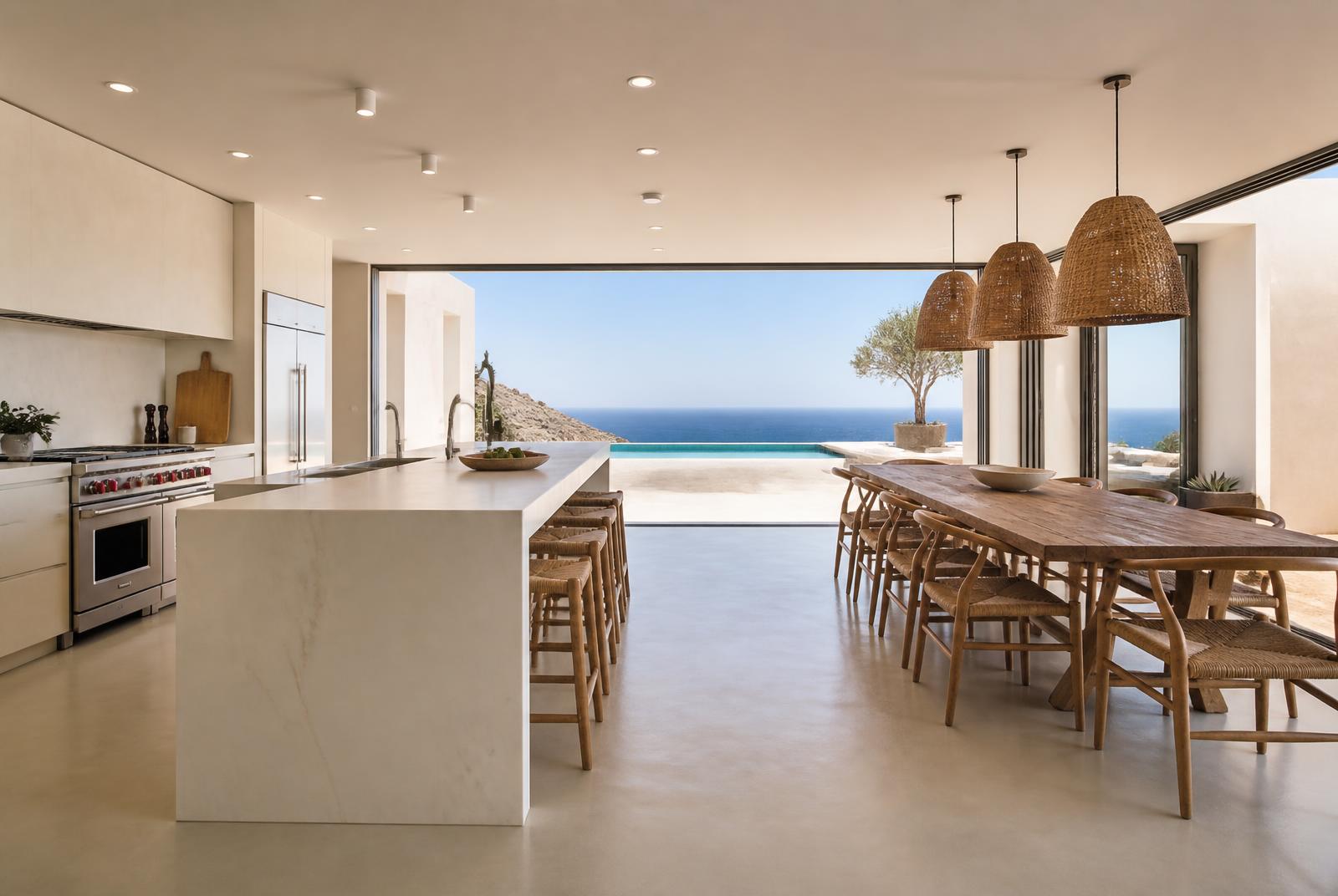 Marble kitchen island and oak dining table