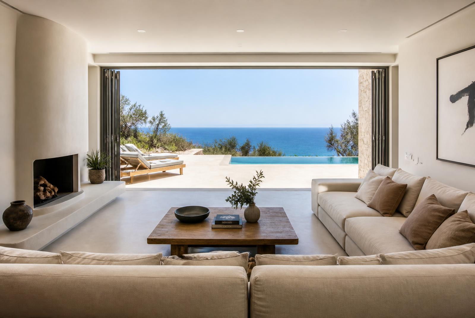 Living room of Villa Thalira with linen sofas open to the pool and sea